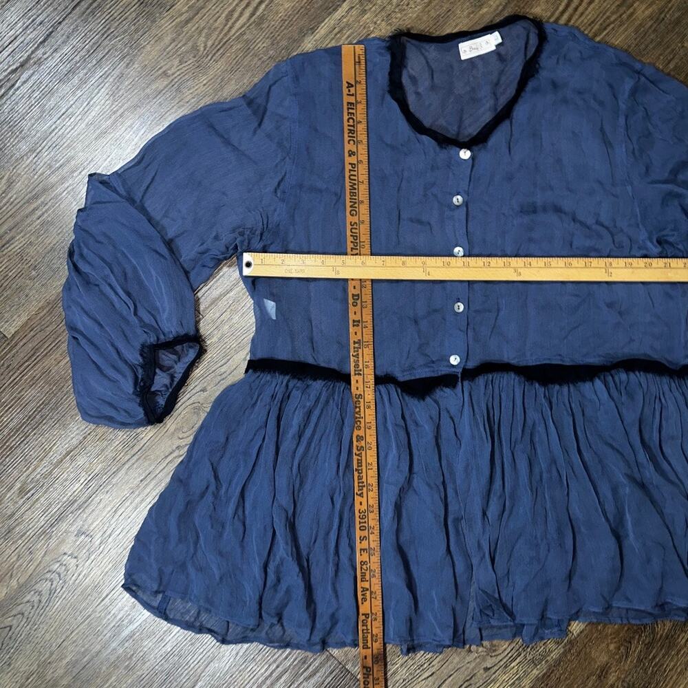 BODIL Lagenlook Blue Sheer LS Silk Blouse L black trim Art To Wear Layered USA - Picture 3 of 7